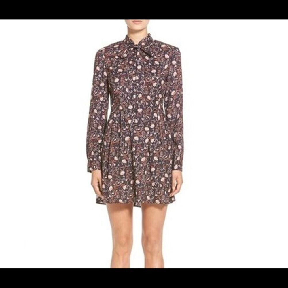 Wayf Tie Neck Long Sleeve Skater Dress ($98) liked on Polyvore navy, floral SZ M